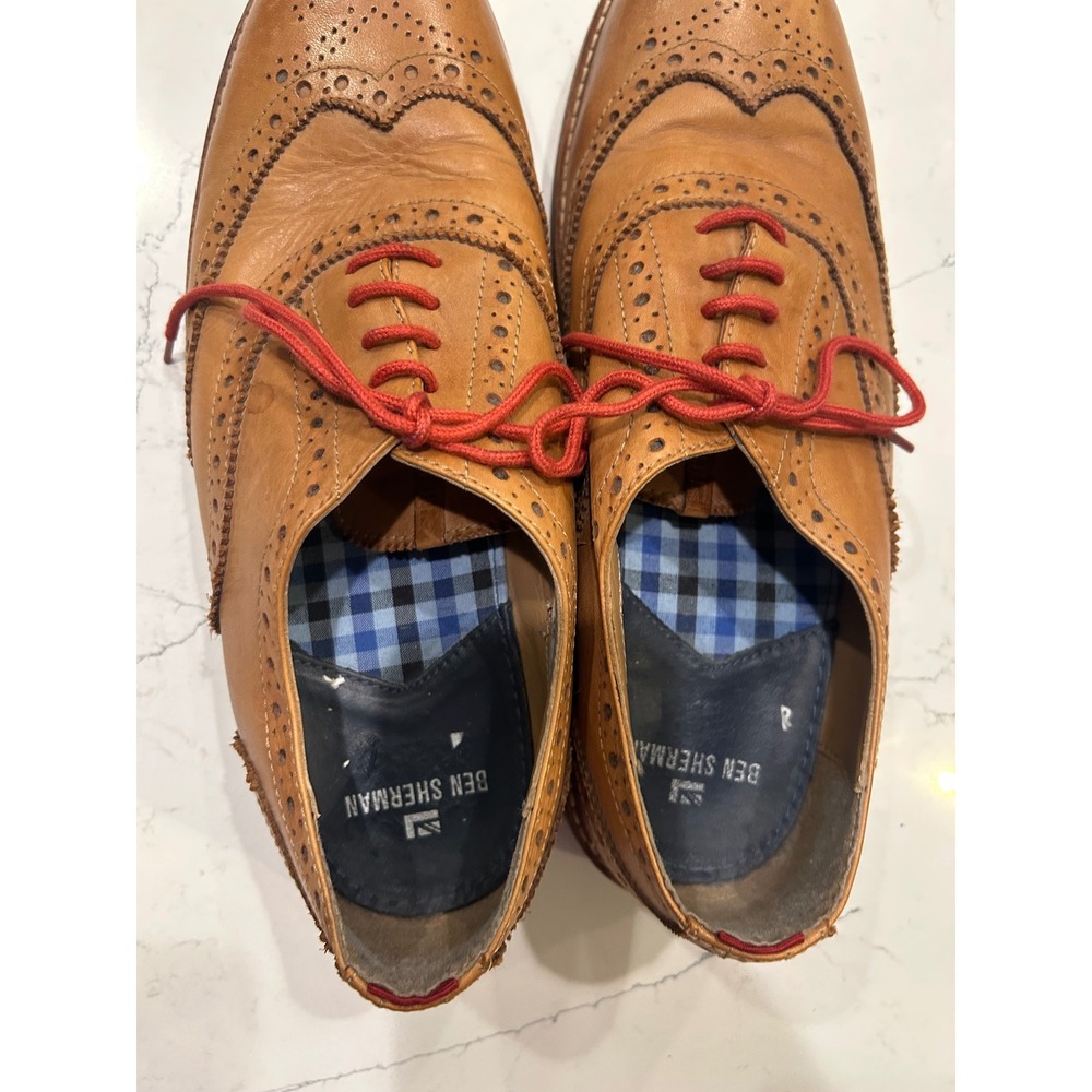 Ben Sherman Wingtip Oxfords Tan Leather Red Laces Brogue Dress Shoes Mens 44 - Picture 6 of 9